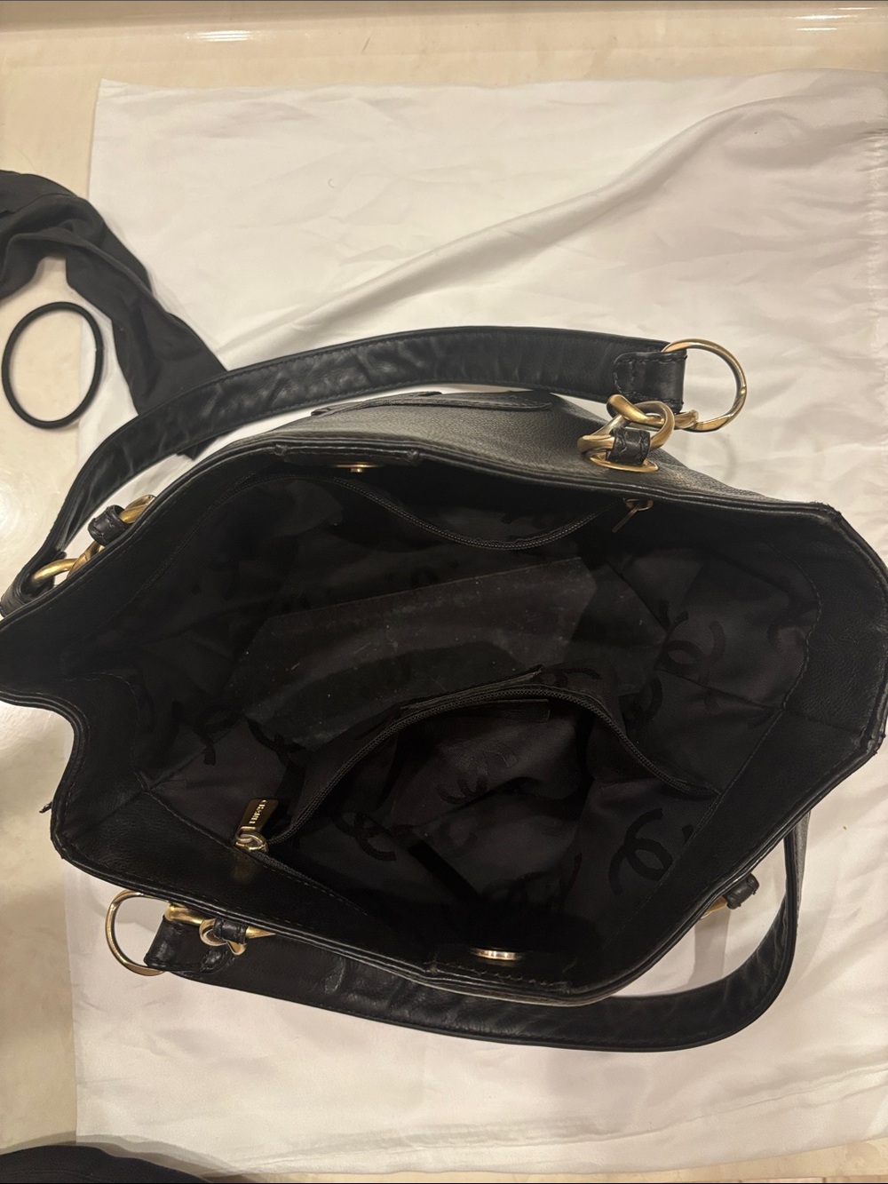 CHANEL Black Leather Shoulder Tote with Gold Ring Hardware - Picture 3 of 3